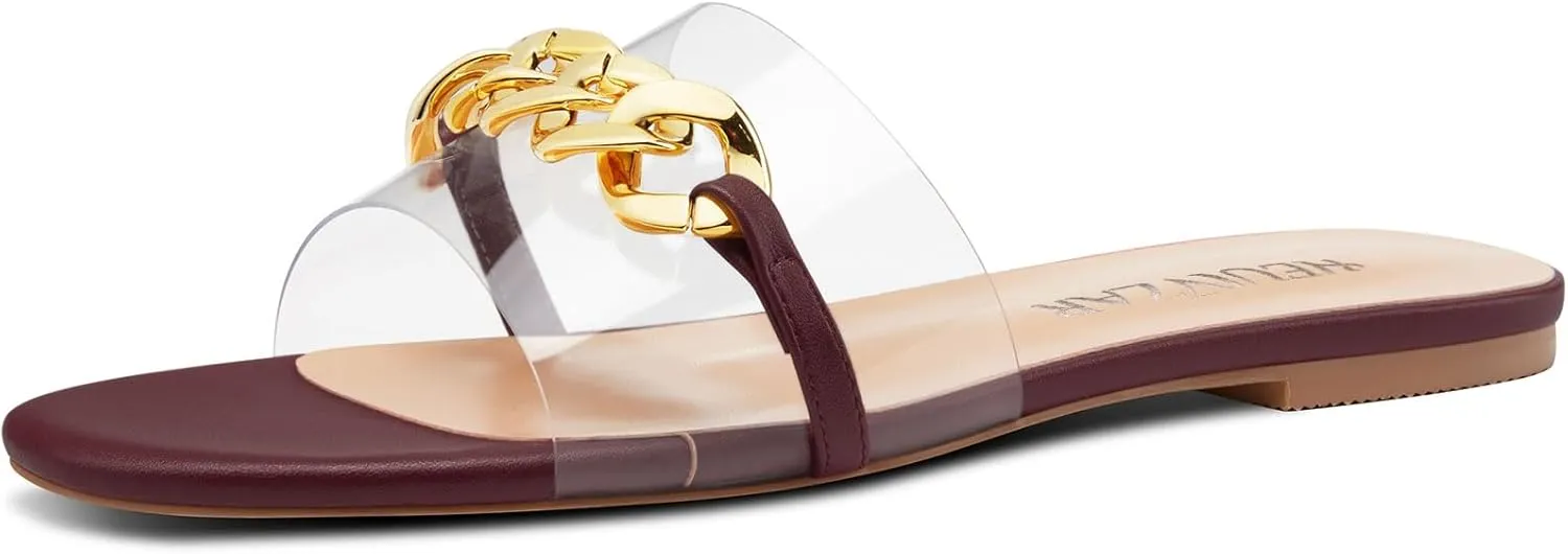 HEUIVZAR Womens Low Heel Peep Open Toe Flats Mules Slip-on Metal Chain Office Clear Dress Summer Shoes