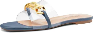 HEUIVZAR Womens Low Heel Peep Open Toe Flats Mules Slip-on Metal Chain Office Clear Dress Summer Shoes