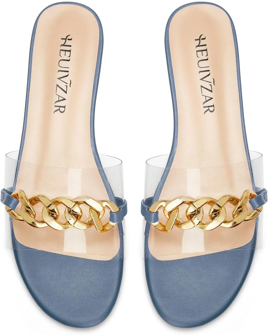 HEUIVZAR Womens Low Heel Peep Open Toe Flats Mules Slip-on Metal Chain Office Clear Dress Summer Shoes
