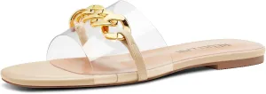 HEUIVZAR Womens Low Heel Peep Open Toe Flats Mules Slip-on Metal Chain Office Clear Dress Summer Shoes