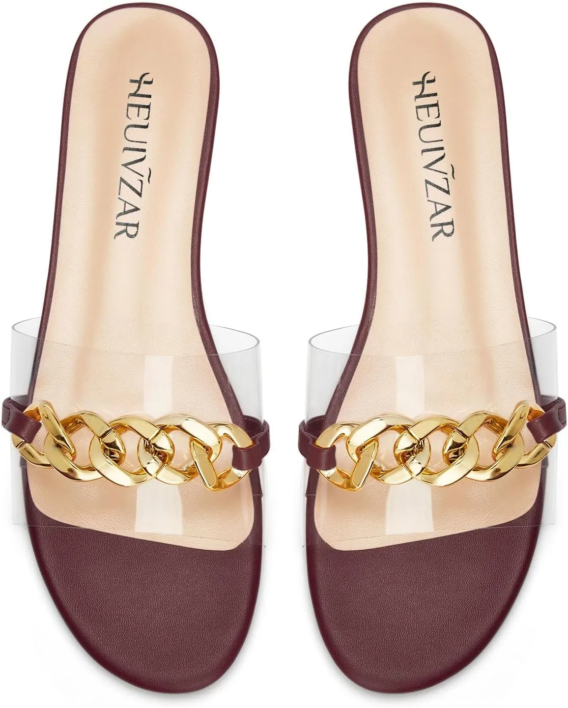 HEUIVZAR Womens Low Heel Peep Open Toe Flats Mules Slip-on Metal Chain Office Clear Dress Summer Shoes