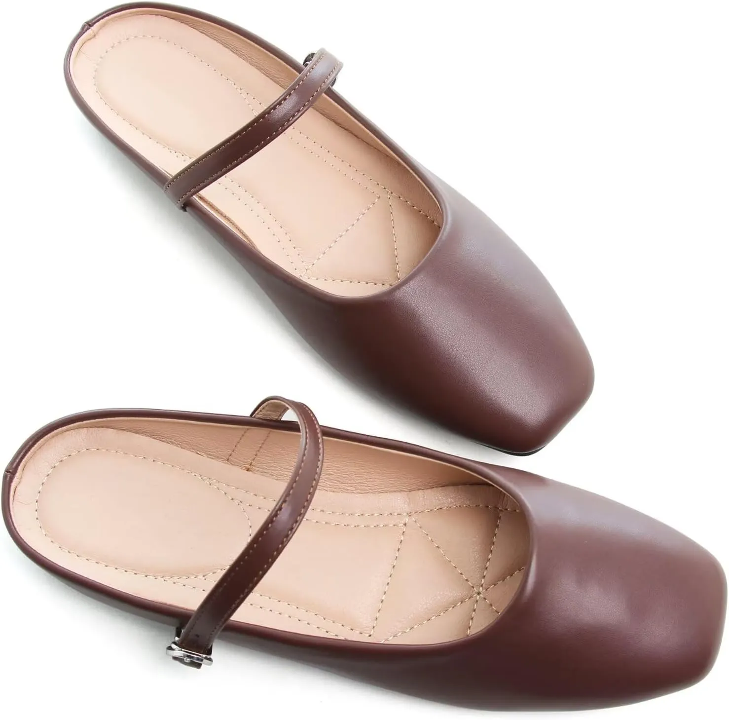 HuangTaiJi Qing Women's Closed Square Toe Backless Low Heeled Mule Slippers Casual Loafers Slip on Flat Shoes