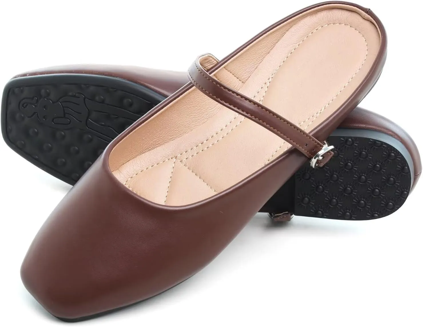 HuangTaiJi Qing Women's Closed Square Toe Backless Low Heeled Mule Slippers Casual Loafers Slip on Flat Shoes
