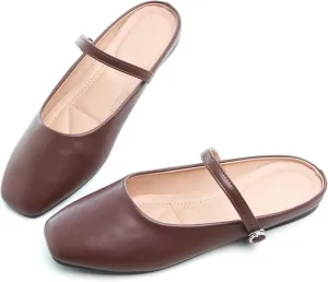 HuangTaiJi Qing Women's Closed Square Toe Backless Low Heeled Mule Slippers Casual Loafers Slip on Flat Shoes