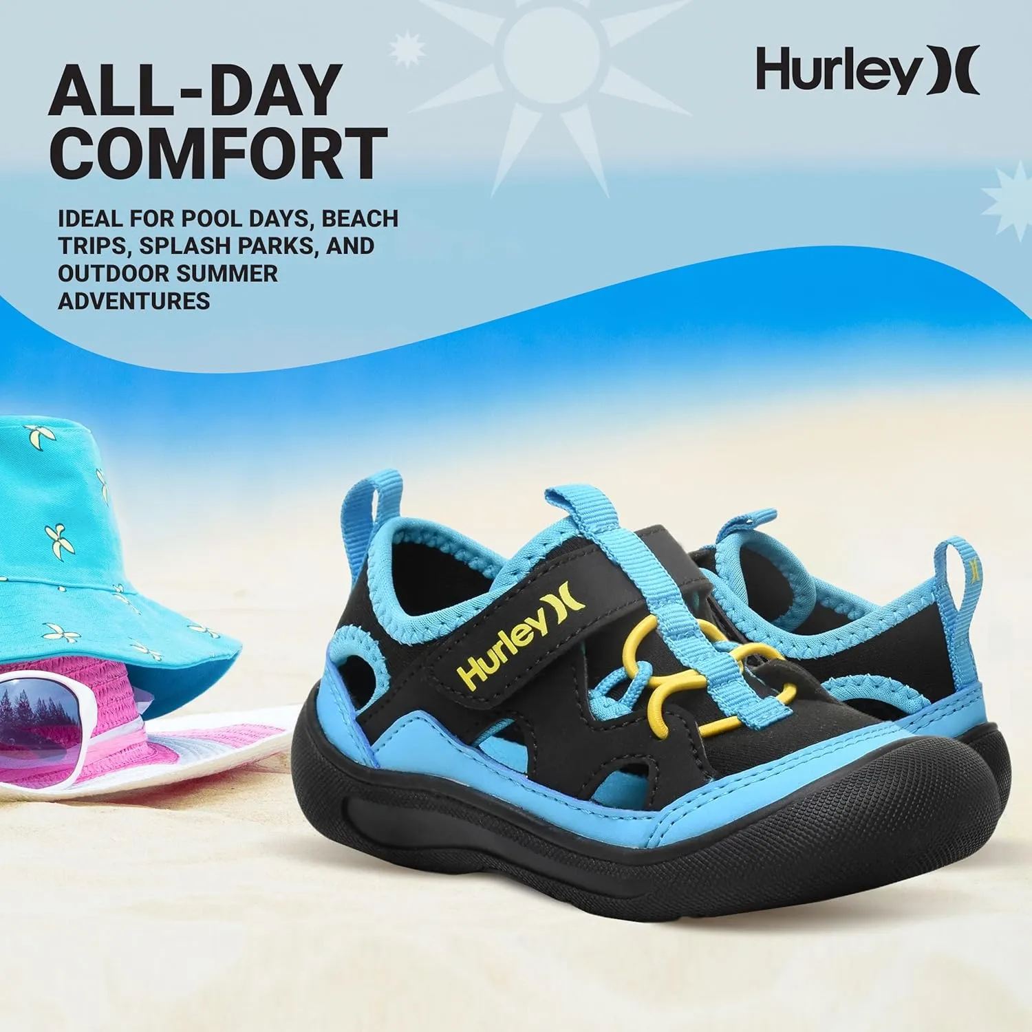 Hurley Kid's Toddlers Water Shoes, Extra Strength Outsole Water Shoes for Boys and Girls, Lightweight Closed Toe Sandals, Beach Shoes with Adjustable Upper-for Outdoors, Water Play and Pool Dylan
