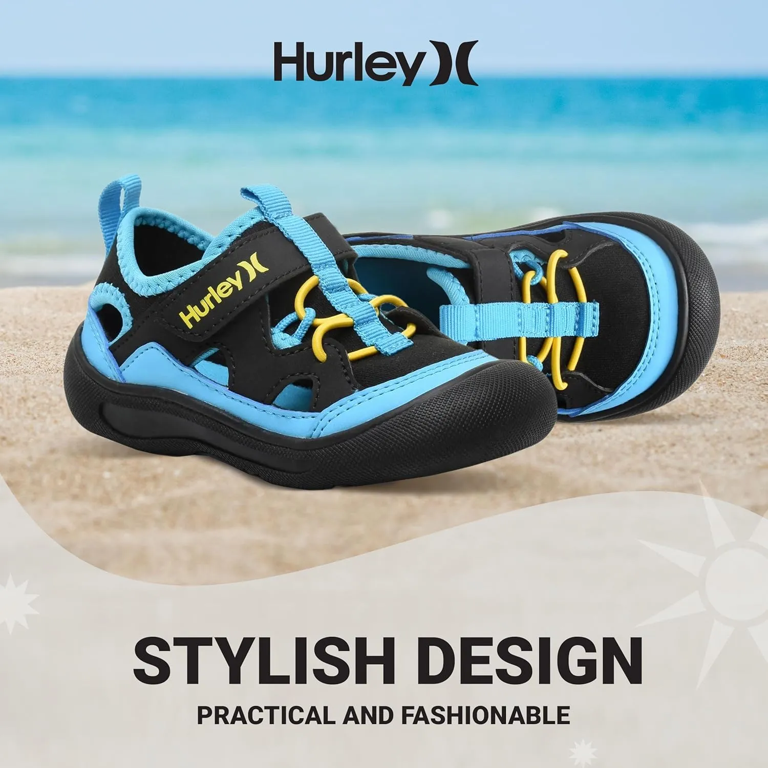 Hurley Kid's Toddlers Water Shoes, Extra Strength Outsole Water Shoes for Boys and Girls, Lightweight Closed Toe Sandals, Beach Shoes with Adjustable Upper-for Outdoors, Water Play and Pool Dylan