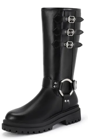 IDIFU IN2 Knee High Riding Boots Women Low Chunky Heel Motorcycle Boots with Side Zipper Comfortable Round Toe Tall Boots for Women Fall Platform Lug Sole Fashion Buckles Biker Boots
