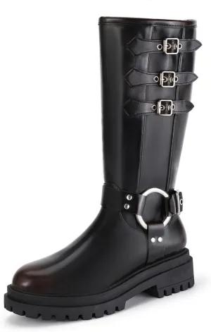 IDIFU IN2 Knee High Riding Boots Women Low Chunky Heel Motorcycle Boots with Side Zipper Comfortable Round Toe Tall Boots for Women Fall Platform Lug Sole Fashion Buckles Biker Boots