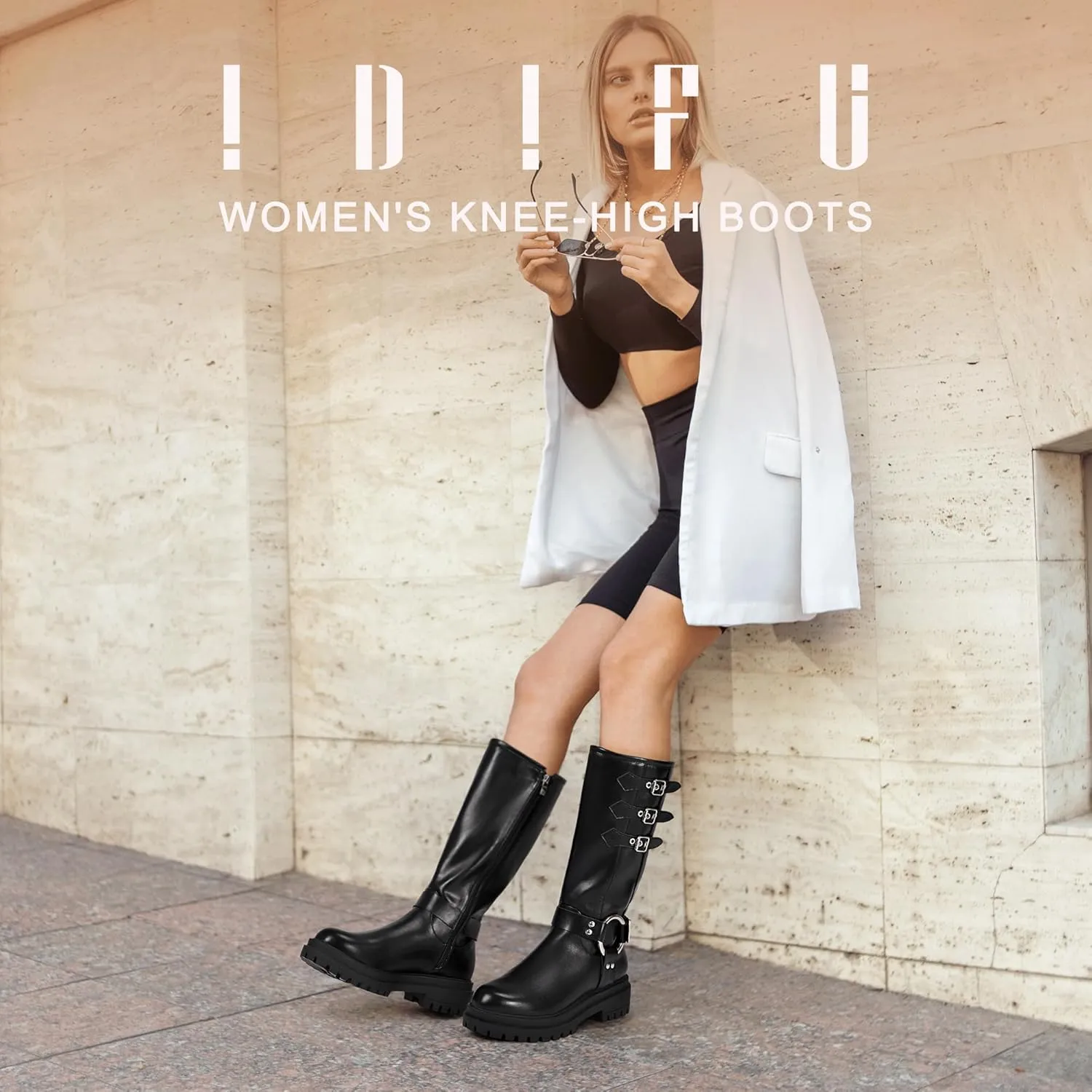 IDIFU IN2 Knee High Riding Boots Women Low Chunky Heel Motorcycle Boots with Side Zipper Comfortable Round Toe Tall Boots for Women Fall Platform Lug Sole Fashion Buckles Biker Boots