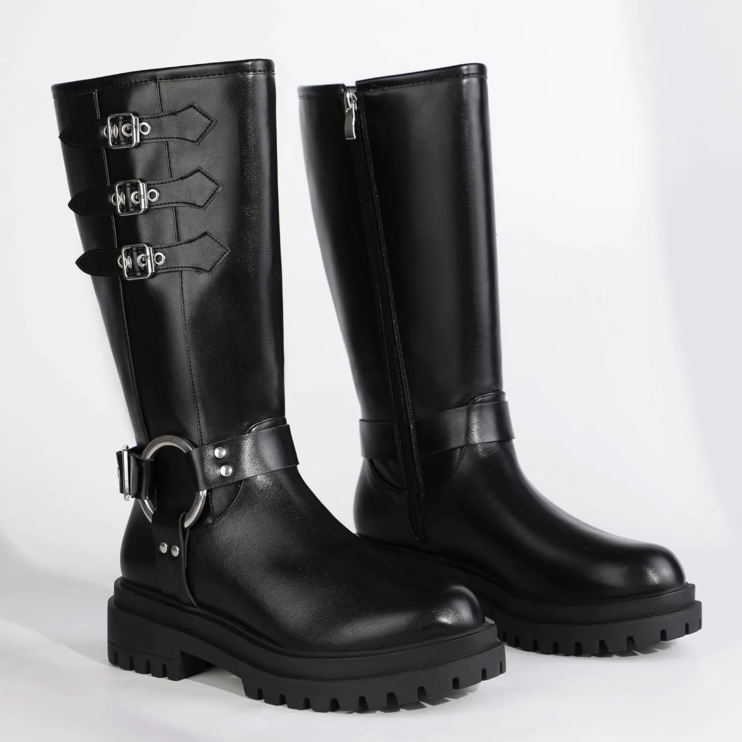 IDIFU IN2 Knee High Riding Boots Women Low Chunky Heel Motorcycle Boots with Side Zipper Comfortable Round Toe Tall Boots for Women Fall Platform Lug Sole Fashion Buckles Biker Boots