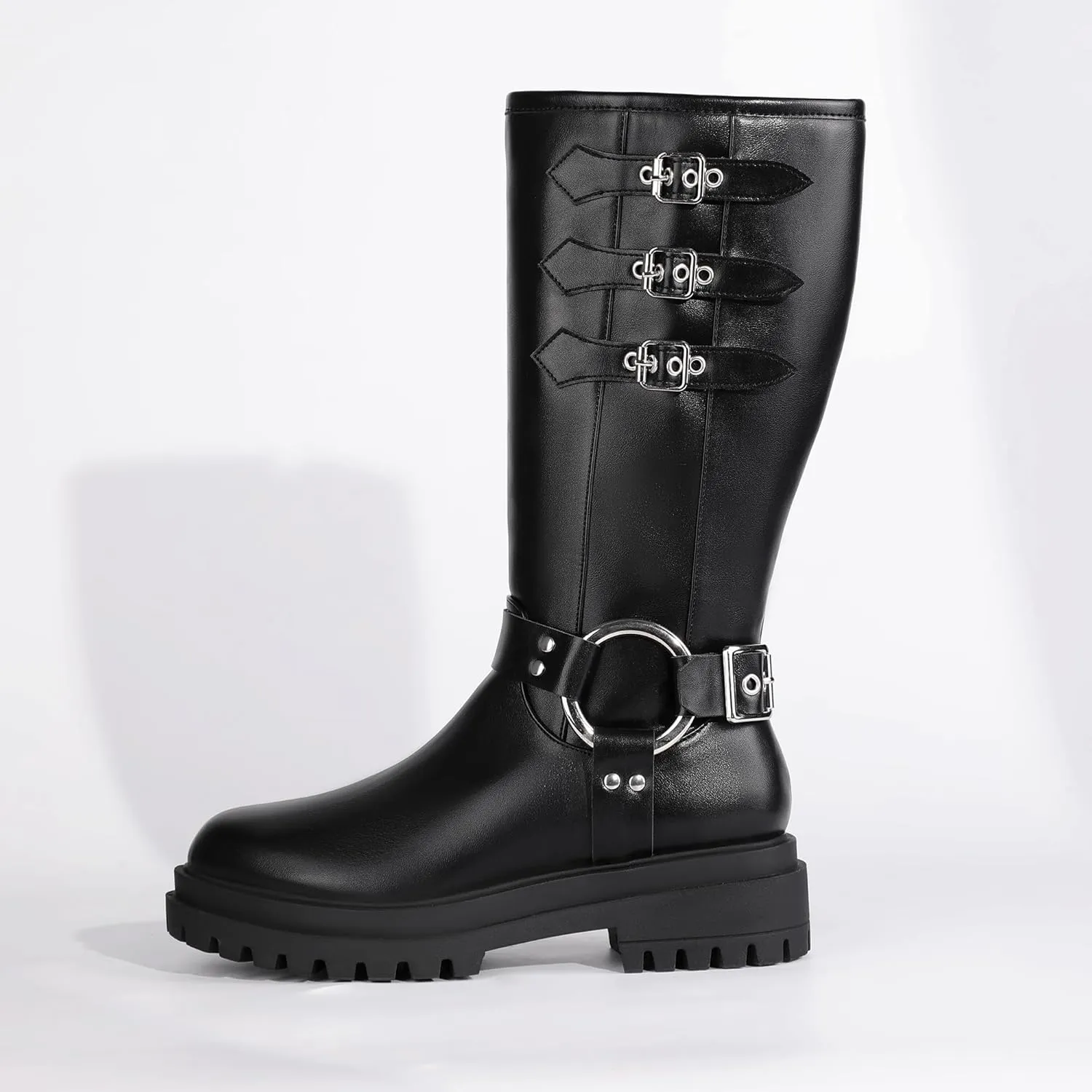 IDIFU IN2 Knee High Riding Boots Women Low Chunky Heel Motorcycle Boots with Side Zipper Comfortable Round Toe Tall Boots for Women Fall Platform Lug Sole Fashion Buckles Biker Boots
