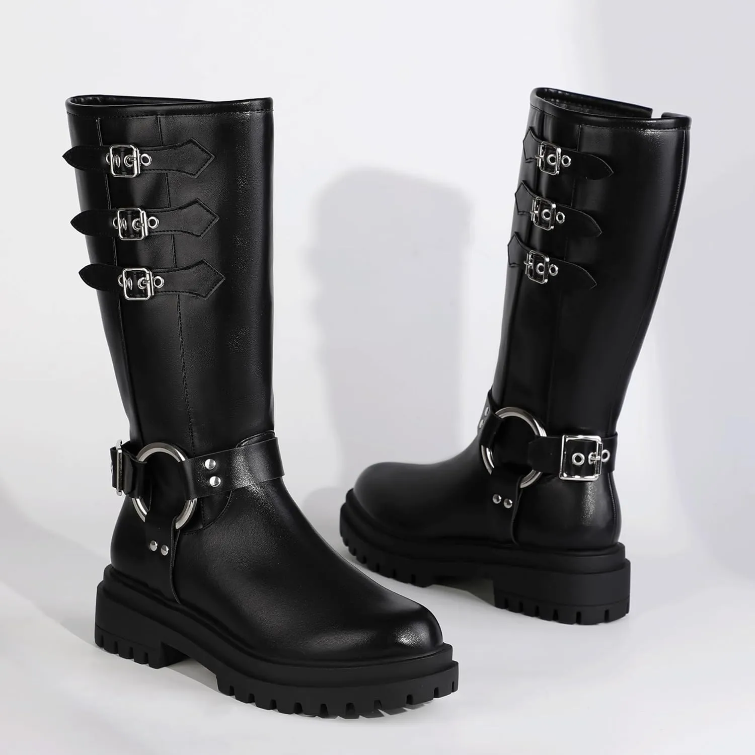 IDIFU IN2 Knee High Riding Boots Women Low Chunky Heel Motorcycle Boots with Side Zipper Comfortable Round Toe Tall Boots for Women Fall Platform Lug Sole Fashion Buckles Biker Boots