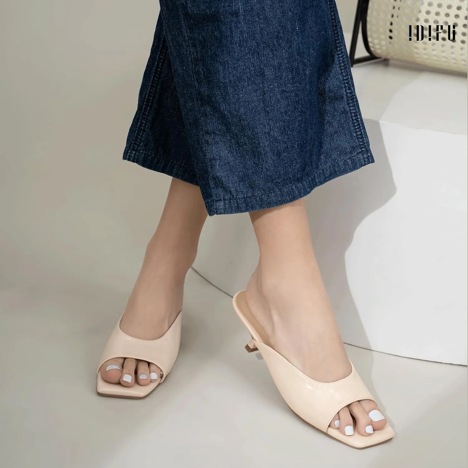 IDIFU IN2 Women's Kitten Heels Open Square Toe Low Heels Sexy Slip On Slide Heeled Sandals Comfortable Wedding Bridal Party Prom Dress Sandals Office Casual Summer Short Mule Heels
