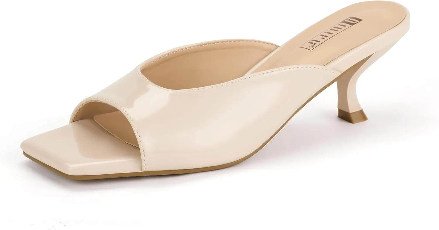IDIFU IN2 Women's Kitten Heels Open Square Toe Low Heels Sexy Slip On Slide Heeled Sandals Comfortable Wedding Bridal Party Prom Dress Sandals Office Casual Summer Short Mule Heels