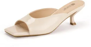 IDIFU IN2 Women's Kitten Heels Open Square Toe Low Heels Sexy Slip On Slide Heeled Sandals Comfortable Wedding Bridal Party Prom Dress Sandals Office Casual Summer Short Mule Heels