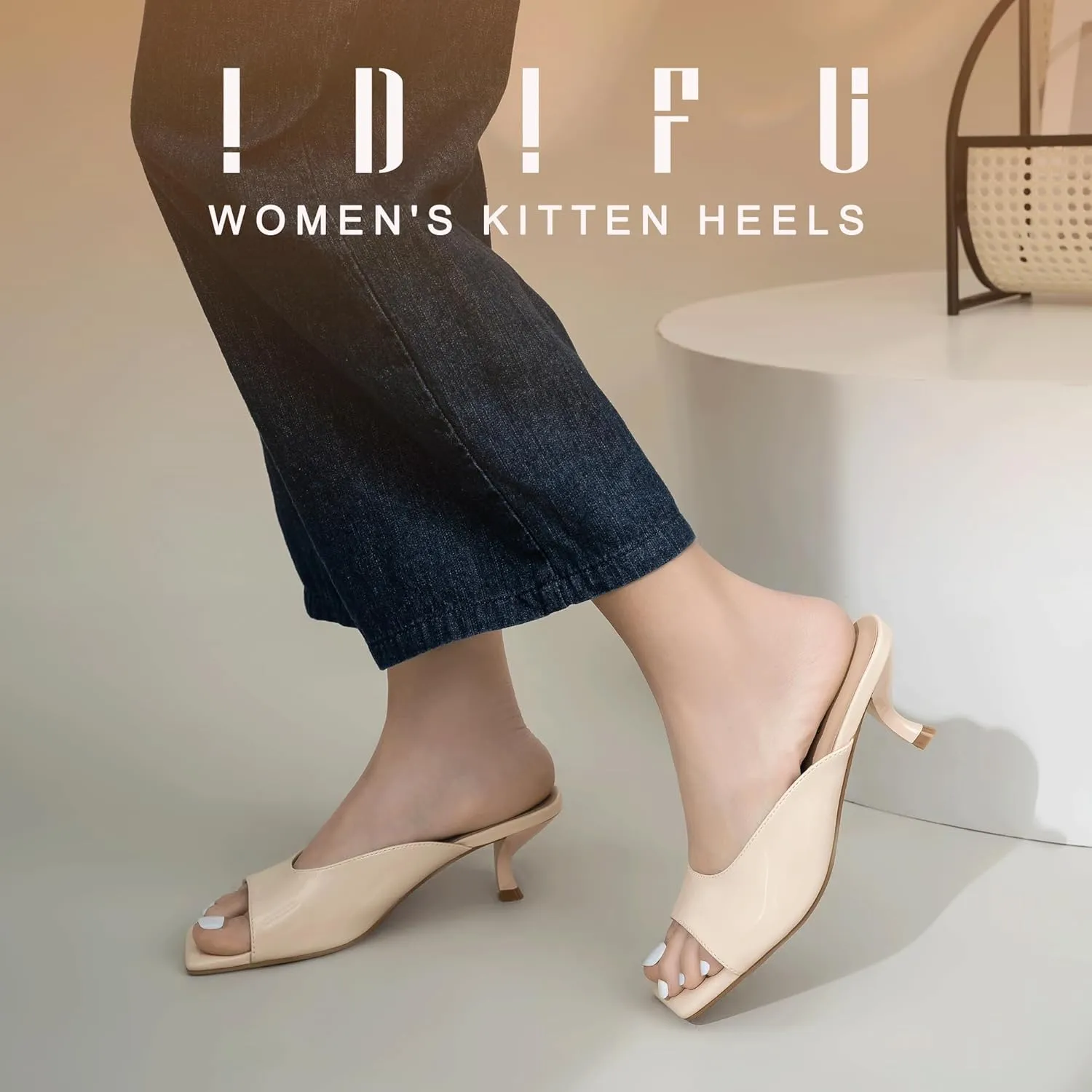 IDIFU IN2 Women's Kitten Heels Open Square Toe Low Heels Sexy Slip On Slide Heeled Sandals Comfortable Wedding Bridal Party Prom Dress Sandals Office Casual Summer Short Mule Heels