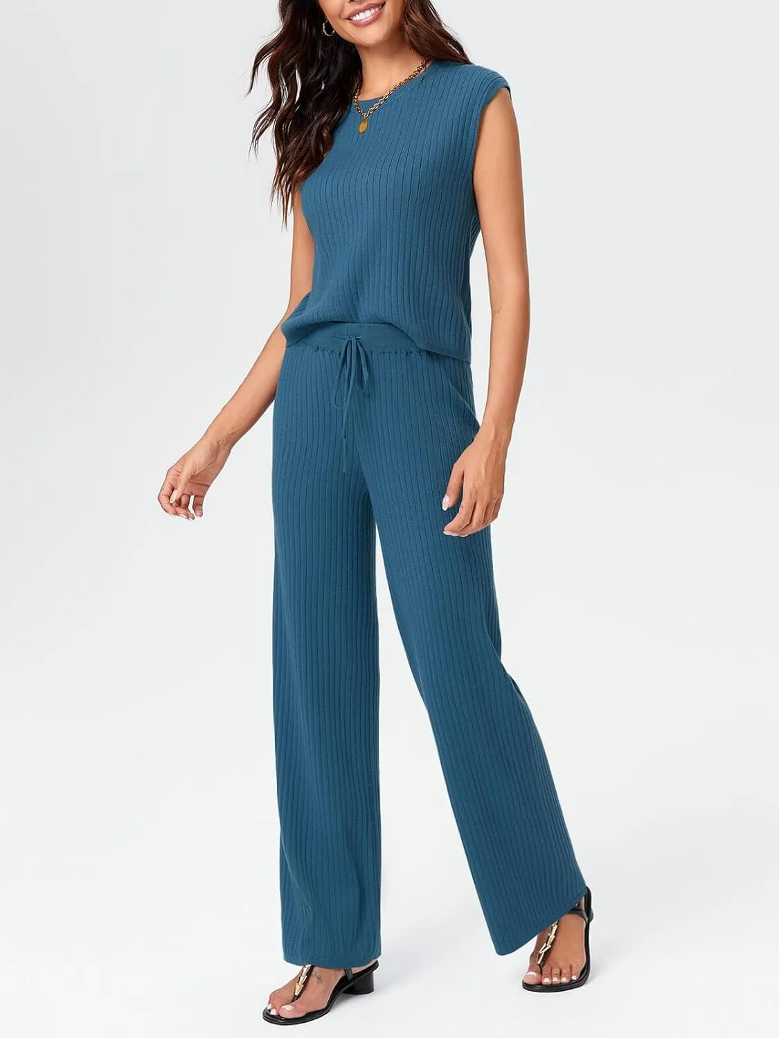 Imily Bela Womens 2 Piece Outfits Sweater Sets Knit Summer Casual Crewneck Sleeveless Tops Wide Leg Pants Tracksuits