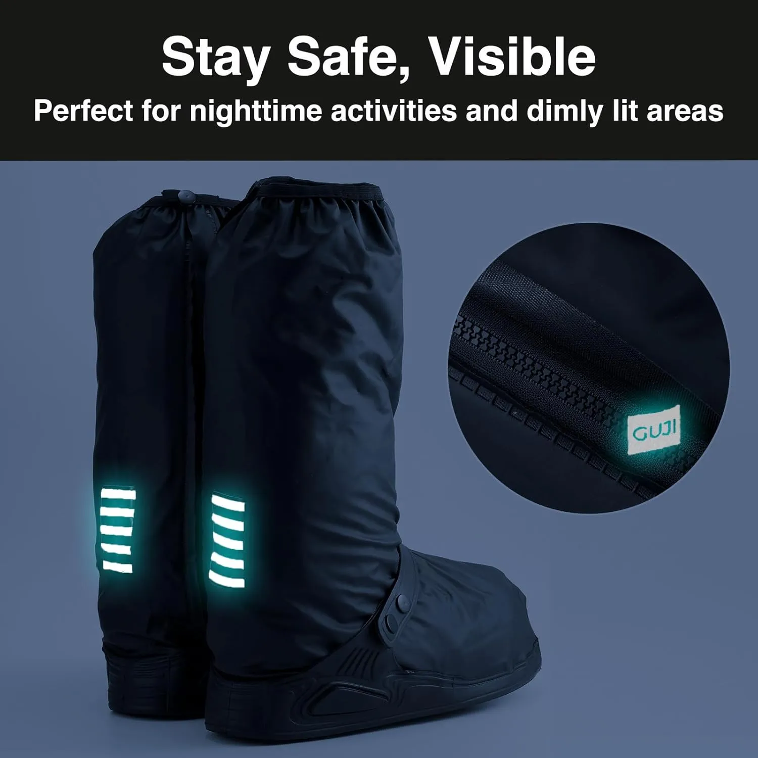 INUSO® Upgraded Waterproof Shoe Covers, Rain Shoe Covers - Reusable, Kick-Proof, Outdoor Footwear Protection with Reflective Safety Stripes - Waterproof Ziplock Shoes Cover (Black 2.0, XL)