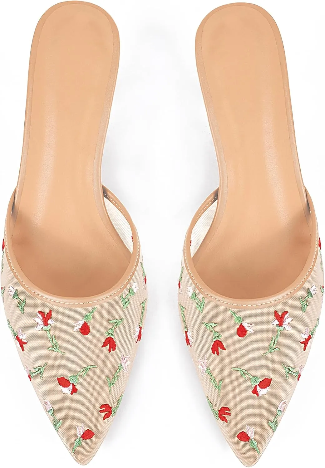 JANSEVEN Mesh Heeled Sandals for Women Floral Mules Stiletto Low Heels Embroidered Flowered Heels Pointed Toe Slip On Comfortable Fashion Dress Shoes