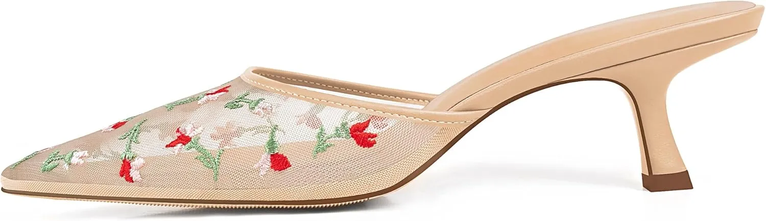 JANSEVEN Mesh Heeled Sandals for Women Floral Mules Stiletto Low Heels Embroidered Flowered Heels Pointed Toe Slip On Comfortable Fashion Dress Shoes