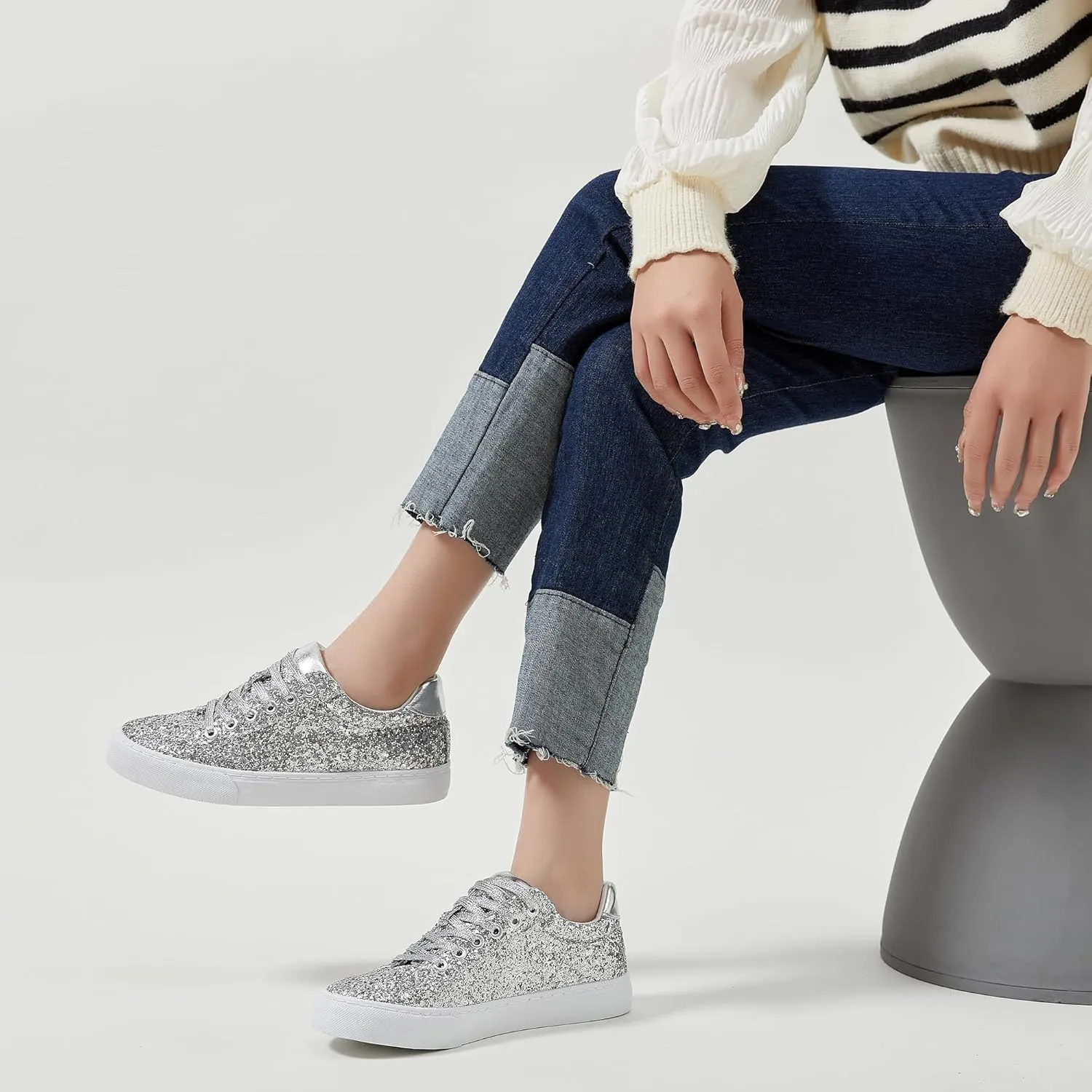Jeekopeg Glitter Sparkly Fashion Sneakers Shoes Shiny Casual Shoes Bling Sequin Concert Low Cut Lace up Shoes