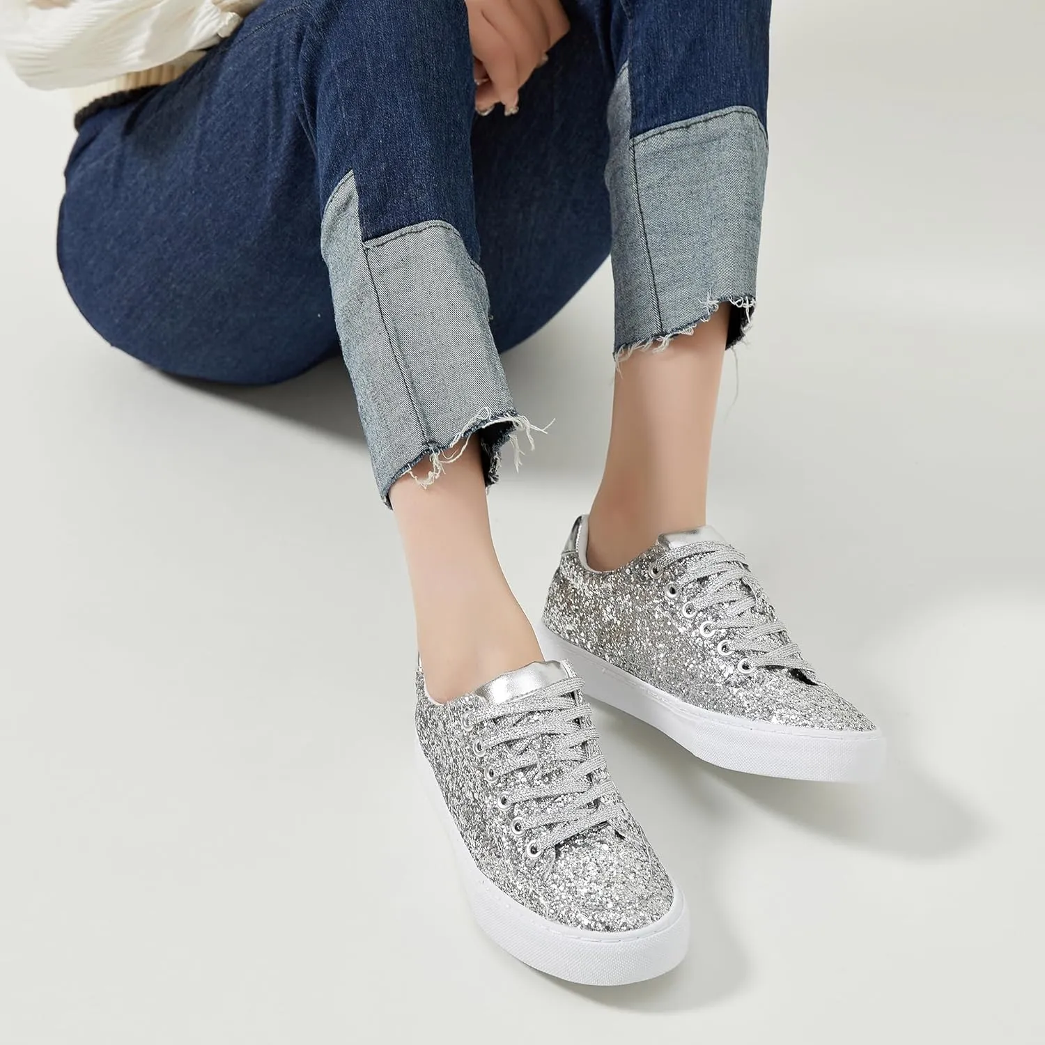 Jeekopeg Glitter Sparkly Fashion Sneakers Shoes Shiny Casual Shoes Bling Sequin Concert Low Cut Lace up Shoes