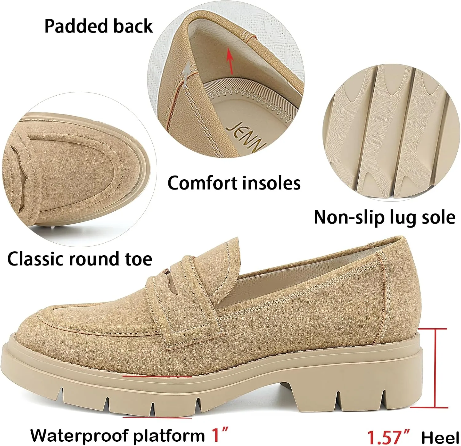 JENN ARDOR Women's Chunky Loafers Slip On Lug Sole Penny Loafer Comfort Casual Round Toe Mid Heels Platform Work Shoes