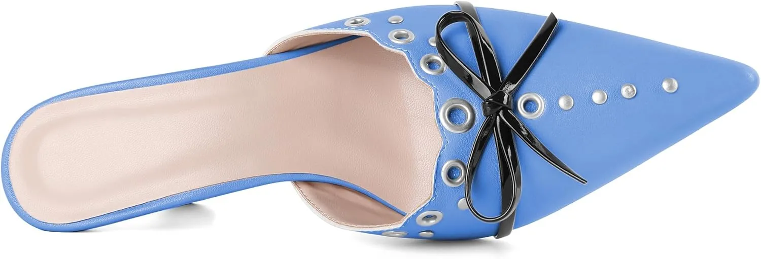 Joseywade Mule Heels For Women Bow Tie Kitten Heels Rhinestone Pointed Toe Studded Slip on Shoes US Size 5-13