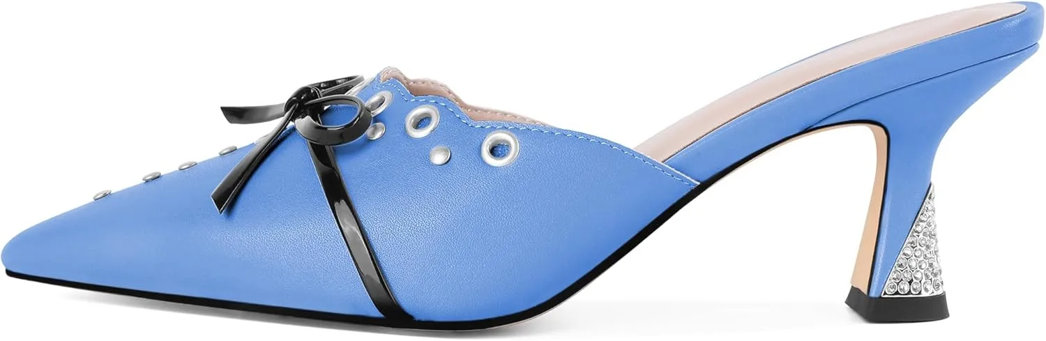 Joseywade Mule Heels For Women Bow Tie Kitten Heels Rhinestone Pointed Toe Studded Slip on Shoes US Size 5-13