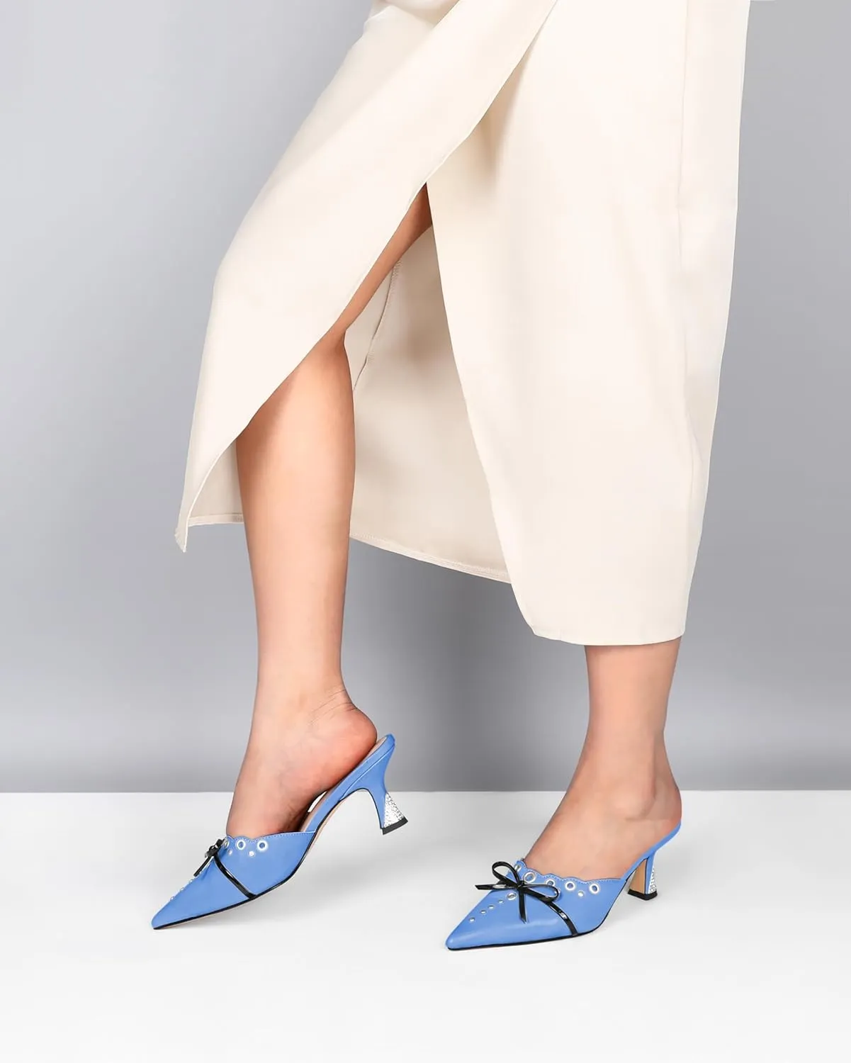 Joseywade Mule Heels For Women Bow Tie Kitten Heels Rhinestone Pointed Toe Studded Slip on Shoes US Size 5-13