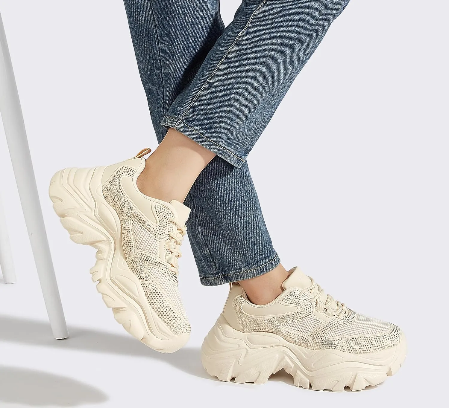 K KIP WOK Chunky Sneakers for Women Fashion Platform White Leather Casual Dad Shoes Comfortable Wedge Walking Sport Sneakers