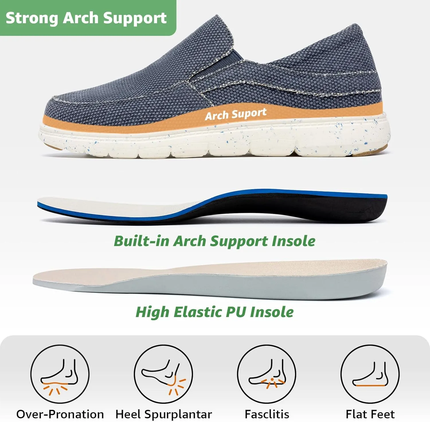 Kelway Mens Slip On Shoes with 2 Pairs of Insoles, Arch Support Loafers Orthopedic Casual Boat Shoes/Recycled Outsole/Non-Slip/Breathable/Wide Toe Box