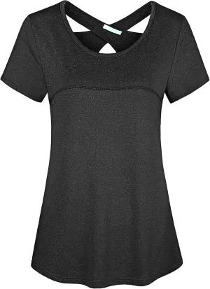 Kimmery Woman Short Sleeve Round Neck Criss Cross Back Yoga Shirt