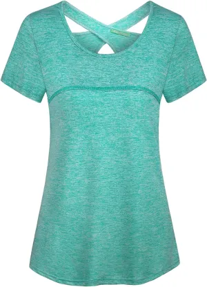 Kimmery Woman Short Sleeve Round Neck Criss Cross Back Yoga Shirt