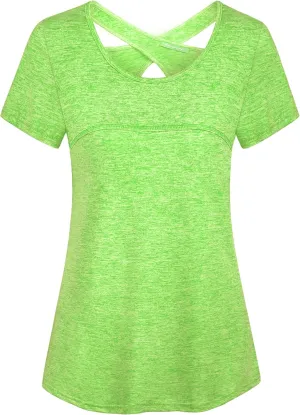 Kimmery Woman Short Sleeve Round Neck Criss Cross Back Yoga Shirt
