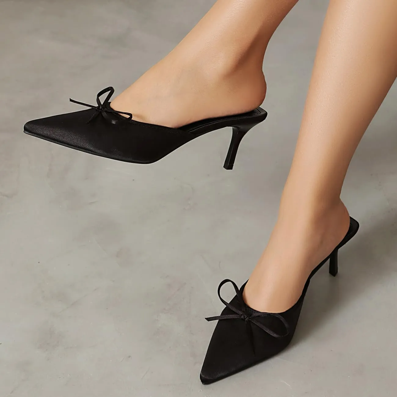Kitten Heel Bow Mules for Women Slip On Mules Backless Low Heel Pumps