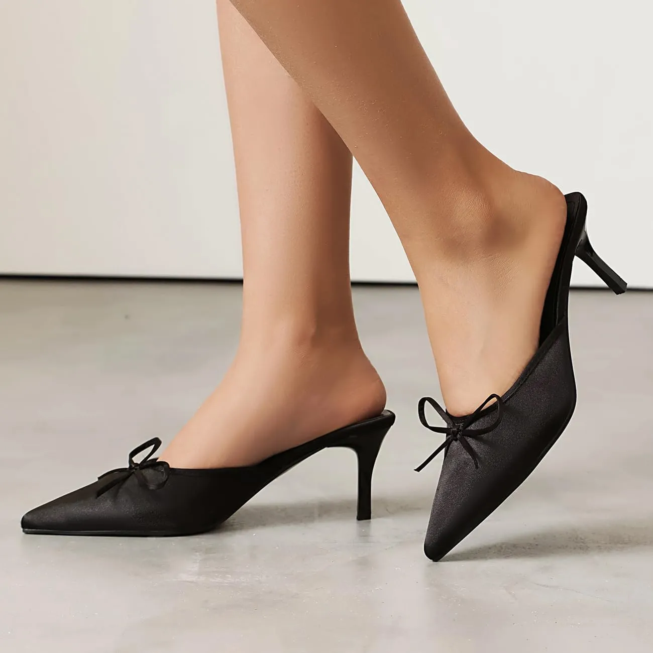 Kitten Heel Bow Mules for Women Slip On Mules Backless Low Heel Pumps