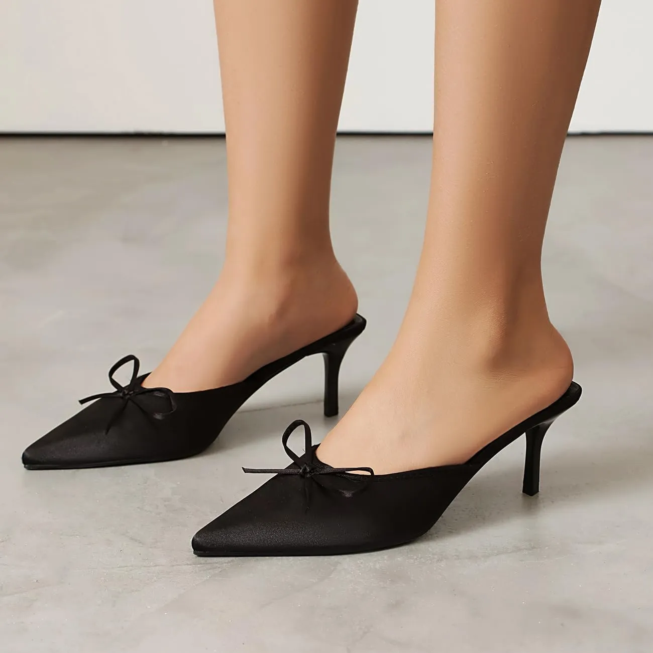Kitten Heel Bow Mules for Women Slip On Mules Backless Low Heel Pumps