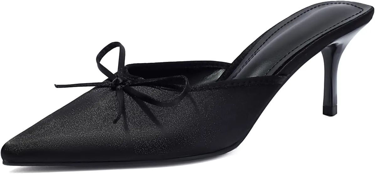 Kitten Heel Bow Mules for Women Slip On Mules Backless Low Heel Pumps