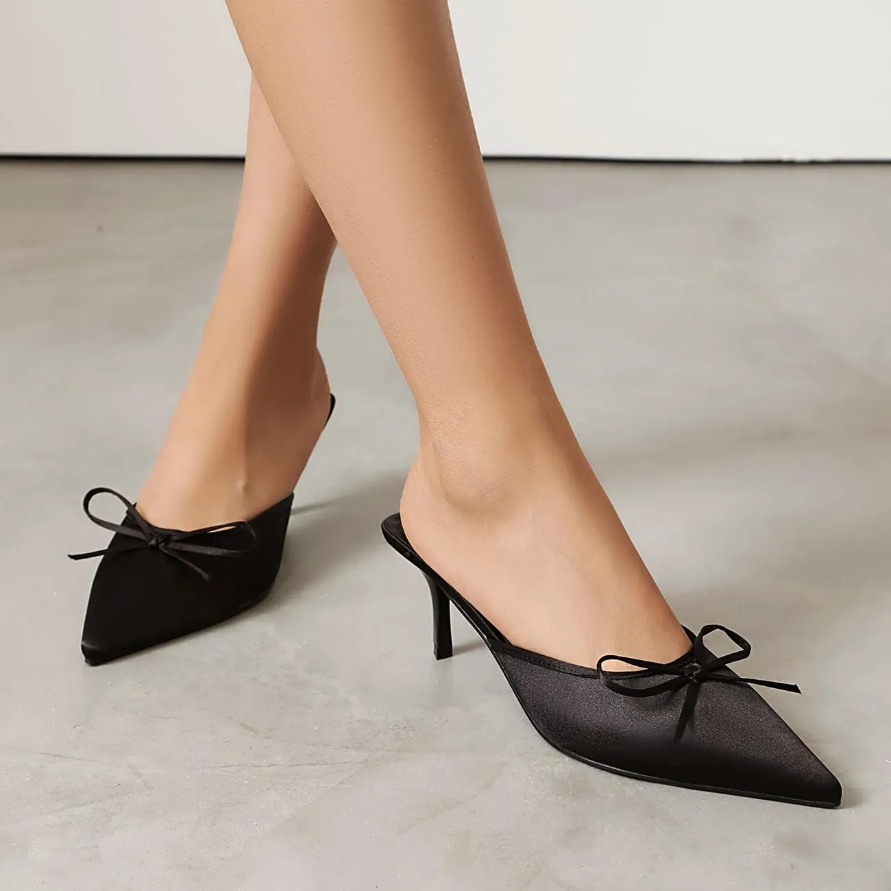 Kitten Heel Bow Mules for Women Slip On Mules Backless Low Heel Pumps