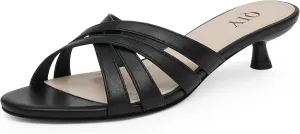 Kitten Heels for Women Strappy Low Heels Open Rounded Toe Mules Slip on Slide Sandals Comfort Dress Shoes