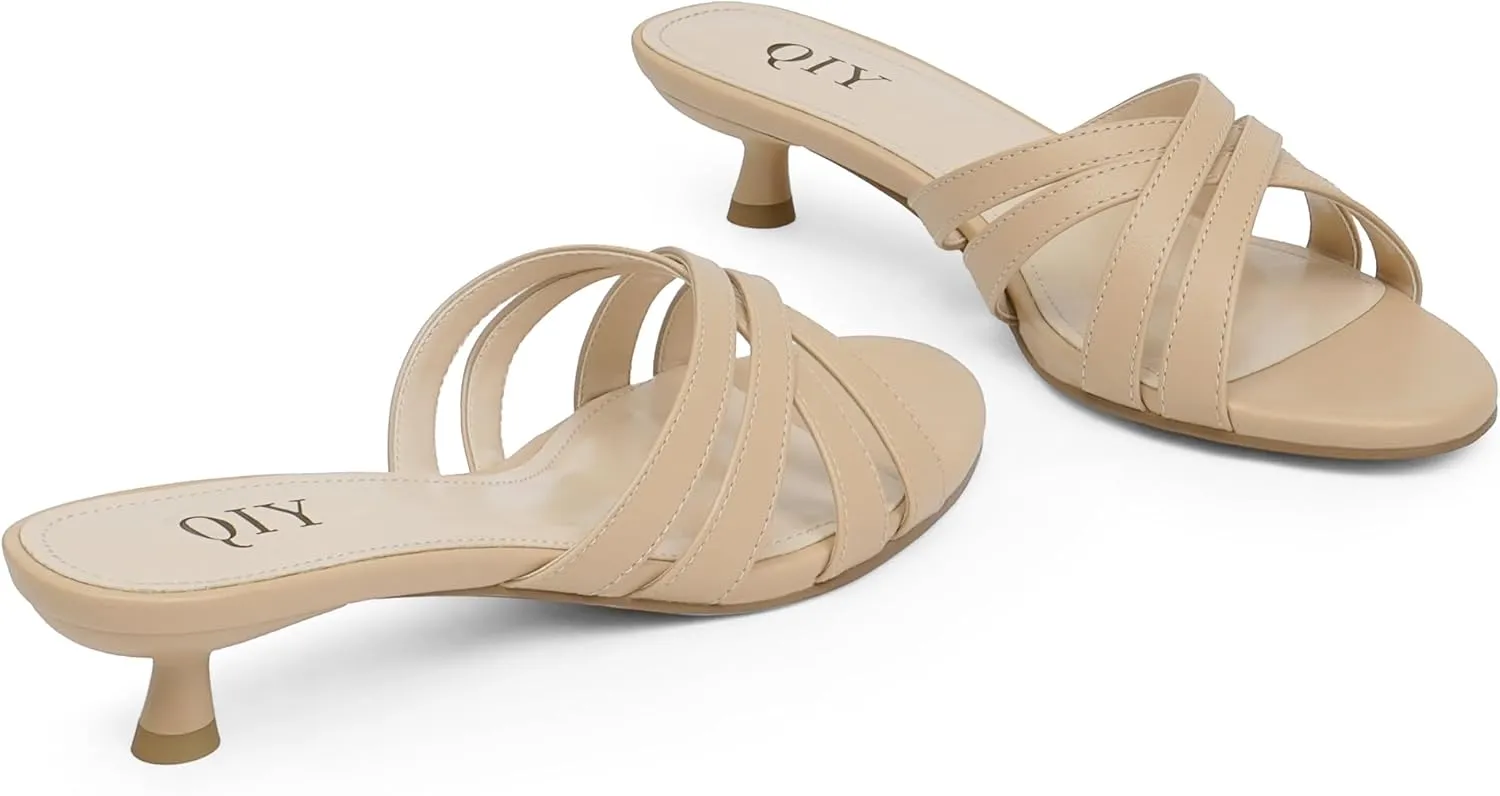 Kitten Heels for Women Strappy Low Heels Open Rounded Toe Mules Slip on Slide Sandals Comfort Dress Shoes