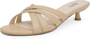 Kitten Heels for Women Strappy Low Heels Open Rounded Toe Mules Slip on Slide Sandals Comfort Dress Shoes