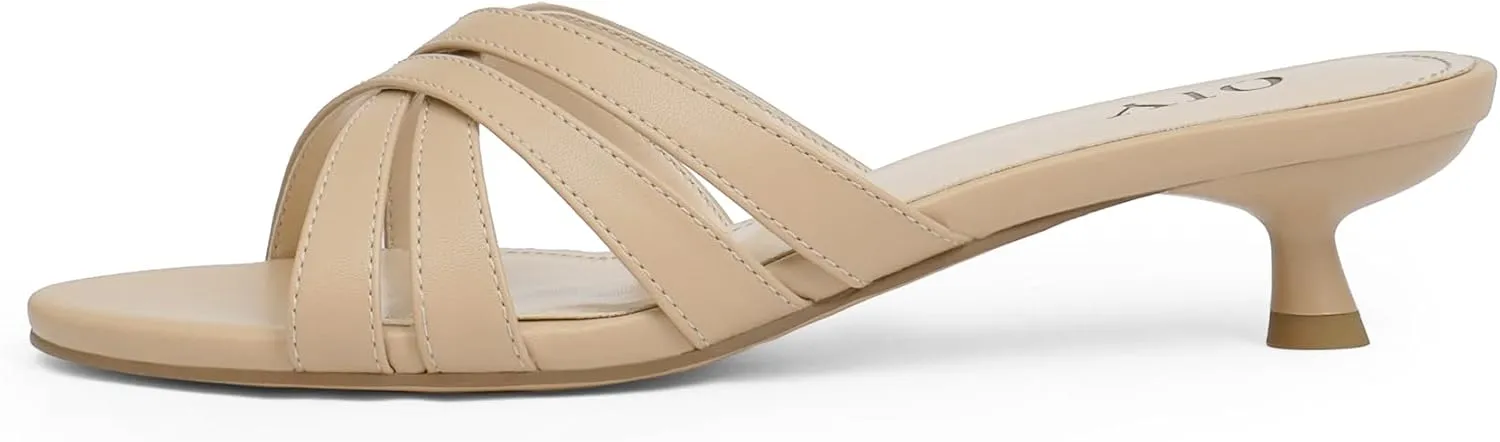 Kitten Heels for Women Strappy Low Heels Open Rounded Toe Mules Slip on Slide Sandals Comfort Dress Shoes