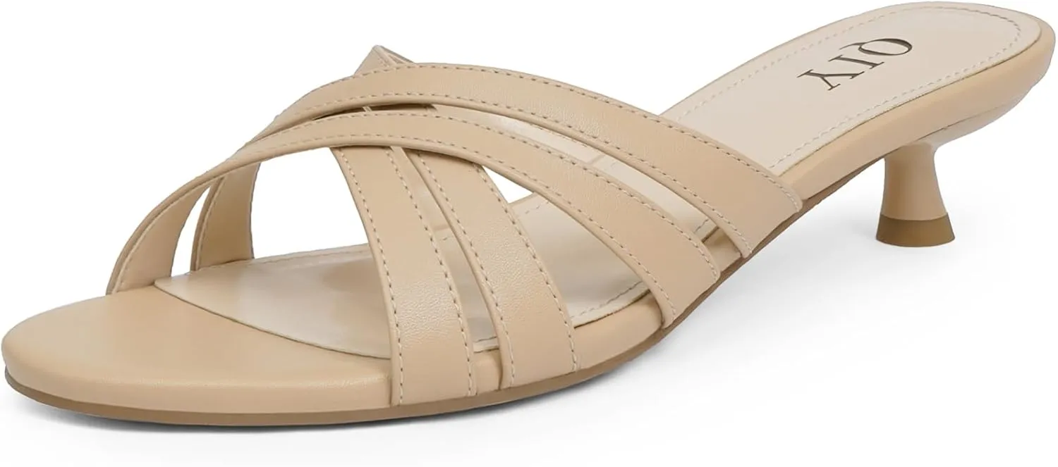 Kitten Heels for Women Strappy Low Heels Open Rounded Toe Mules Slip on Slide Sandals Comfort Dress Shoes