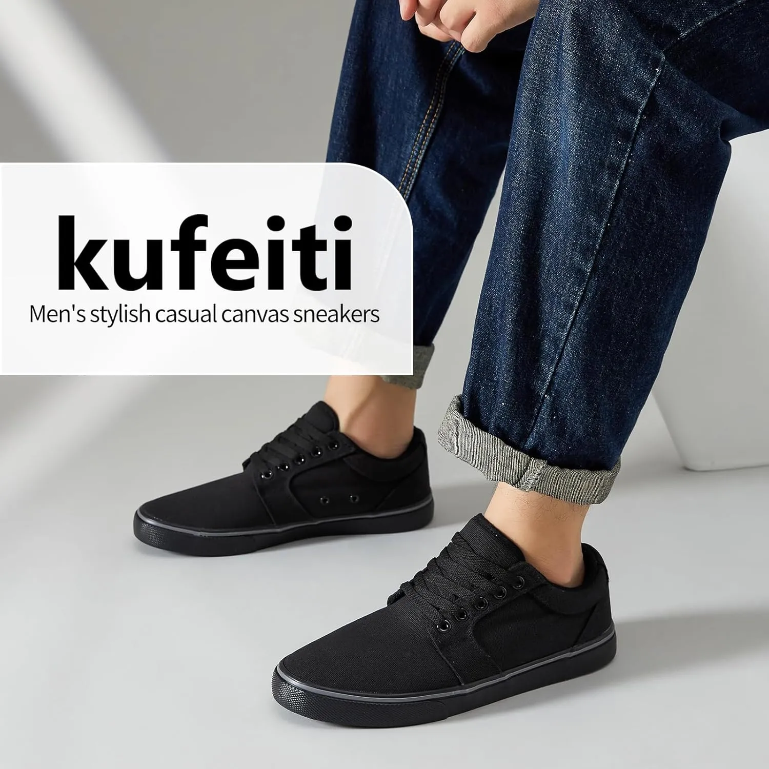 kufeiti Men's Canvas Black Casual Shoes Sneakers Low Top Lace Up Walking Shoes Sneakers for Men