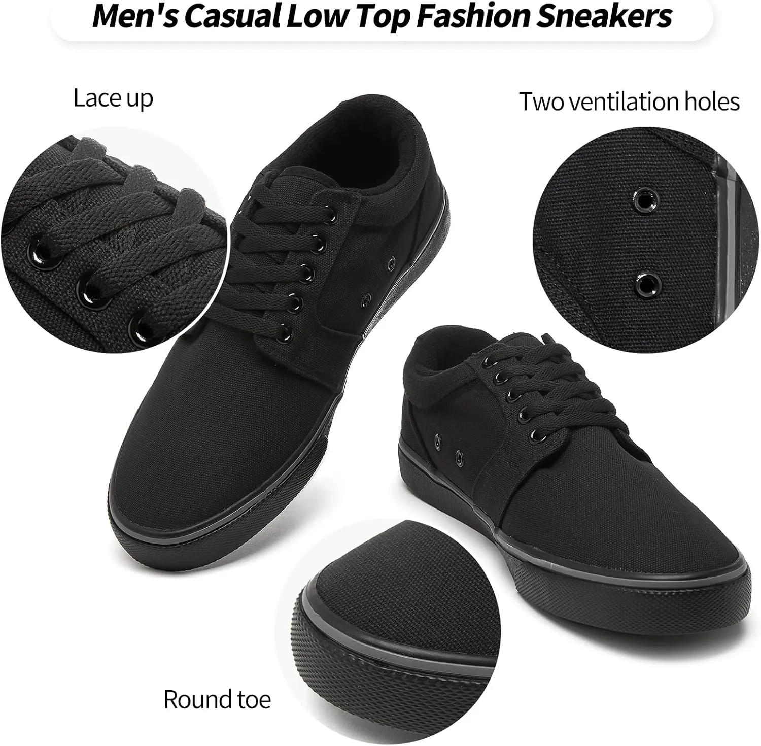 kufeiti Men's Canvas Black Casual Shoes Sneakers Low Top Lace Up Walking Shoes Sneakers for Men