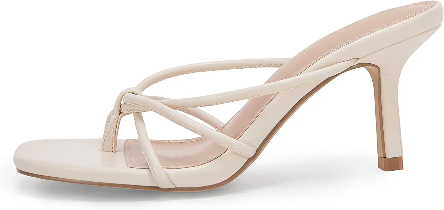 LAICIGO Women’s Square Open Toe Flip Flops Stiletto Heels Strappy Thong Slide on Slingback Mules Sandals