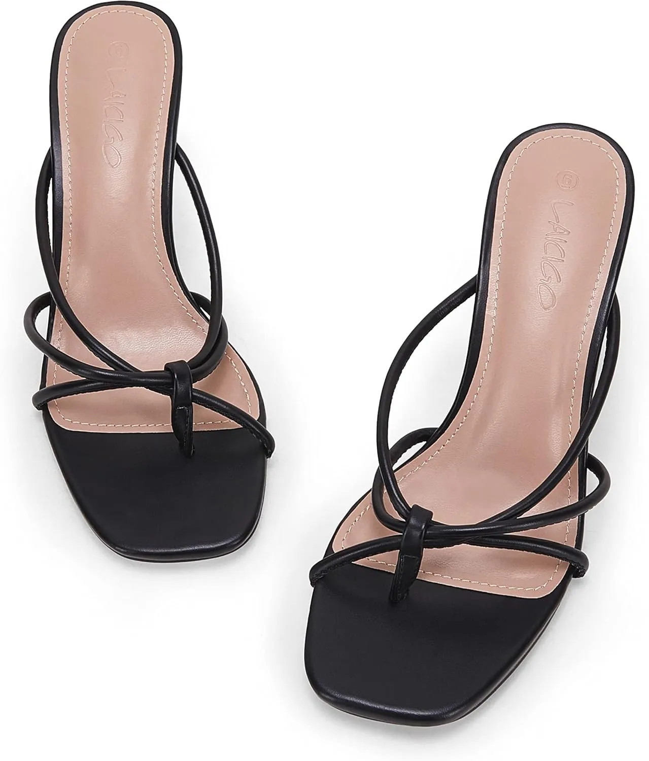 LAICIGO Women’s Square Open Toe Flip Flops Stiletto Heels Strappy Thong Slide on Slingback Mules Sandals