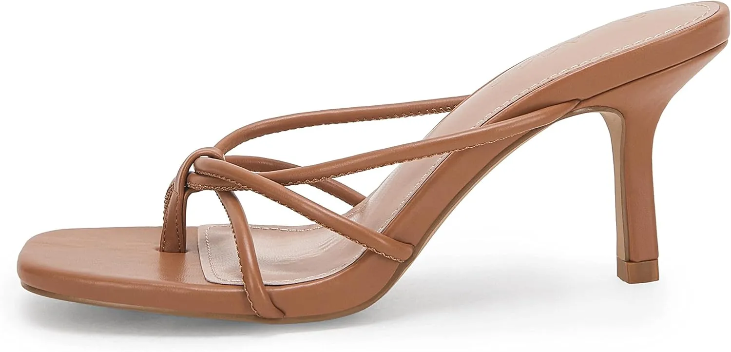 LAICIGO Women’s Square Open Toe Flip Flops Stiletto Heels Strappy Thong Slide on Slingback Mules Sandals